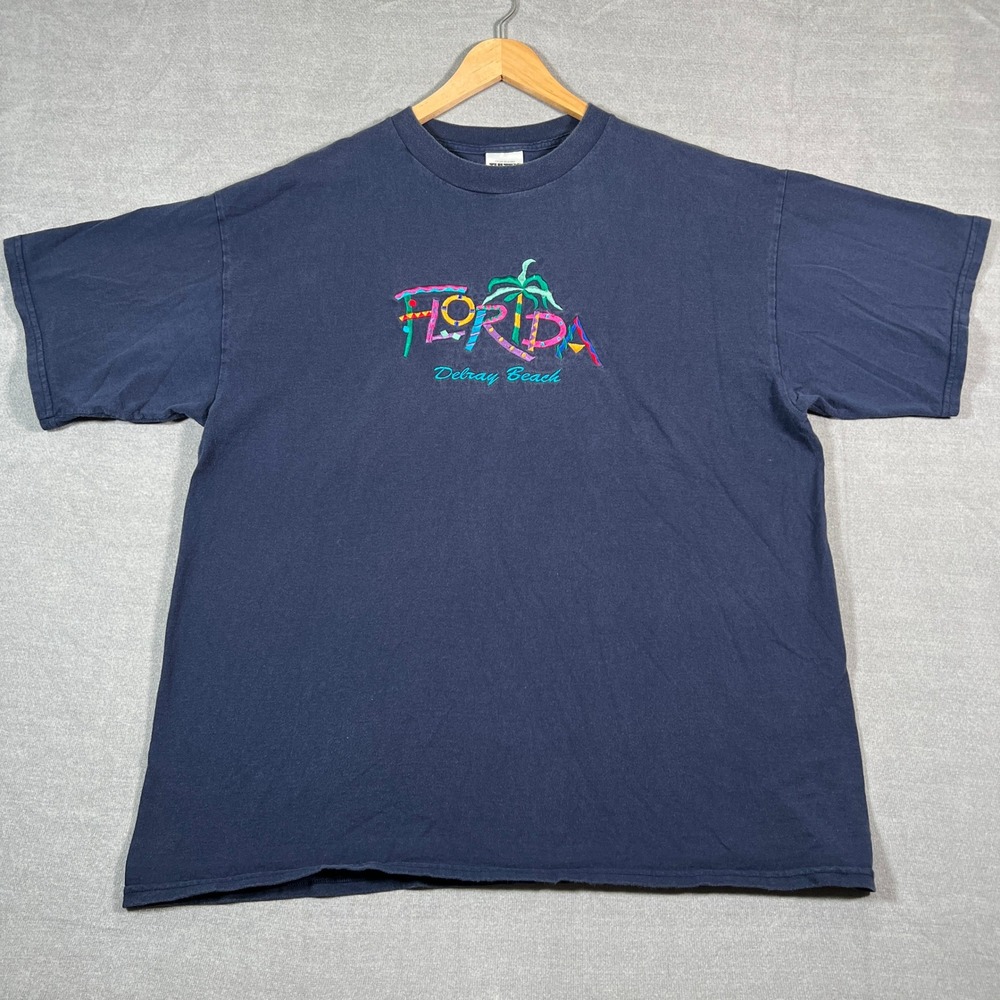 Tultex Florida Delray Beach Graphic Crew Neck T-Shirt Mens 2XL Navy Blue Cotton